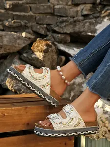 New Summer Women's Fashion Rhinestone Fisherman Sandals, Strappy Sandals, Flat Bottom Beach Shoes, Thick Sole Jute Rope Water Drill Soft Wood Slip-On