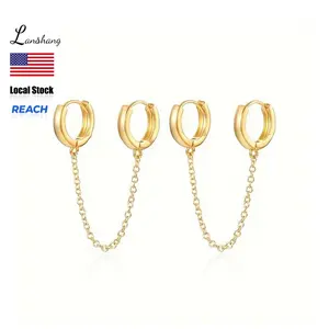 14K Gold Plated Chain Earrings Double Piercing Dangle Chain Huggie Hoop Earrings Stud Ear Cuff Earrings for Women
