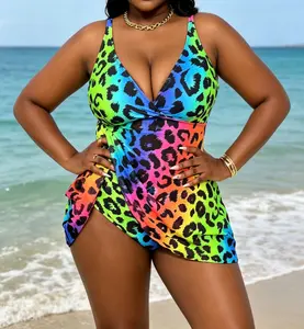 Plus Size Colorful Leopard Swim Dress with Built-In Shorts - Wrap-Front Swim Dress with Attached Skirt and Integrated Brief, High-Cut Leg, Vibrant Rainbow Ombre Leopard Print, Wide Shoulder Straps, Flattering & Bold Beachwear Summer Vibes