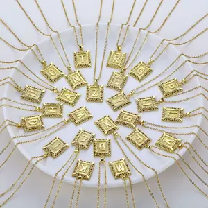 14K Gold-Plated Copper Letter Necklace with Figaro Chain, Square Letter Pendant Necklace, Unisex Letter Pendant Necklace