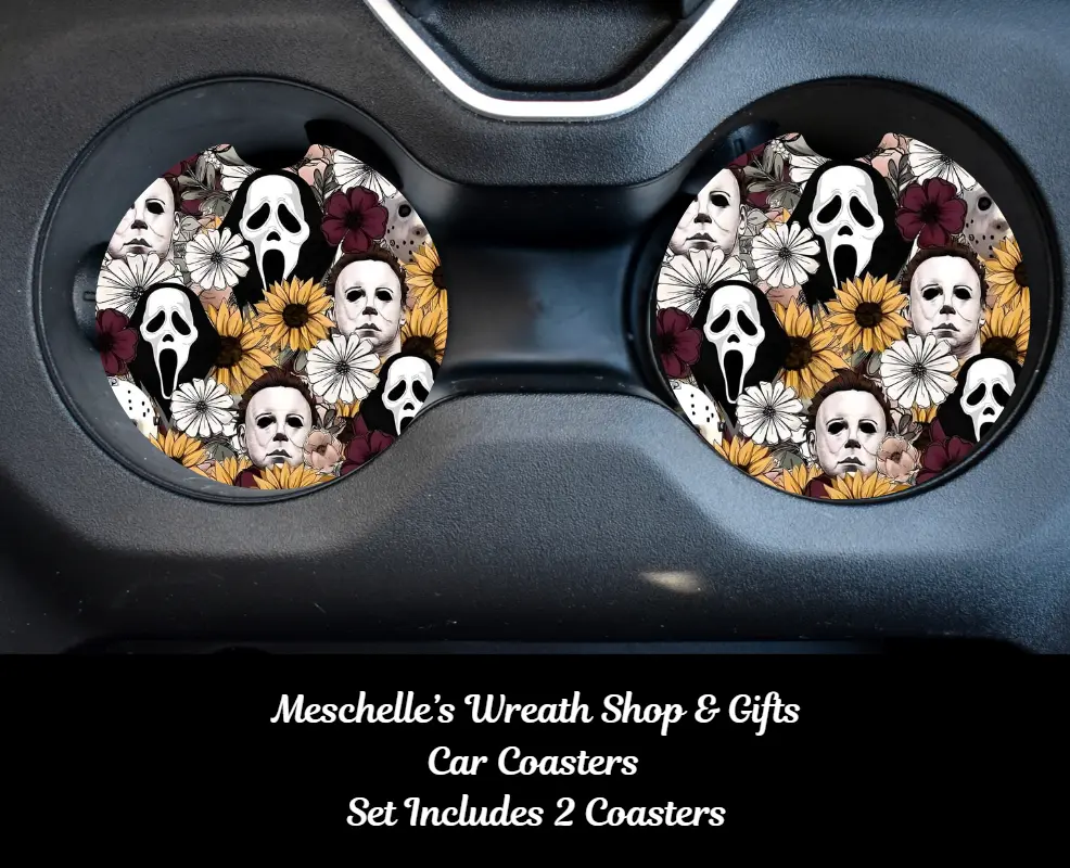 Handcrafted Horror Fall 2-Piece Neoprene/Ceramic Car Coaster Set, Spill-Proof Aesthetic Car Accessory, Automotive & Vehicle Decoration for Cup Protection & Interior Style Upgrade, Car Interior Decorative, Universal Car Accessories