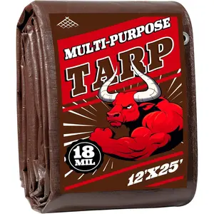 Tarp 12x25FT, 18 Mil Heavy Duty Large Tarps,   Tarp, , Brass Grommets and Reinforced Edges.Brown Tarp Suitable for Courtyards, , Camping, Gardens, Pet Nests -by