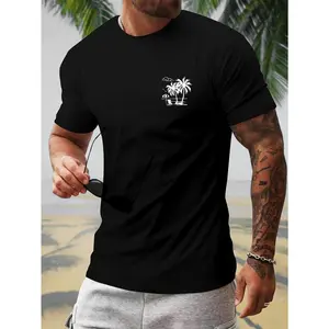 Men's Trendy Coconut Tree Print Regular Fit T-Shirt 100% Cotton Round Neck Machine Washable Summer Collection Shoulder Streetwear Classic Menswear Tshirt