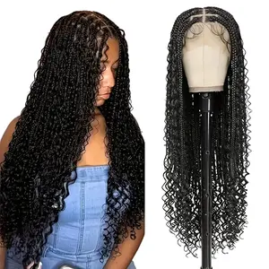 Synthetic Full lace Wig base triangle box, knotless Bohemian Weave wig, Summer Daily Wear Bohemian Weave wig, braided hair for black women. Blend box woven wig with long black woman woven wig