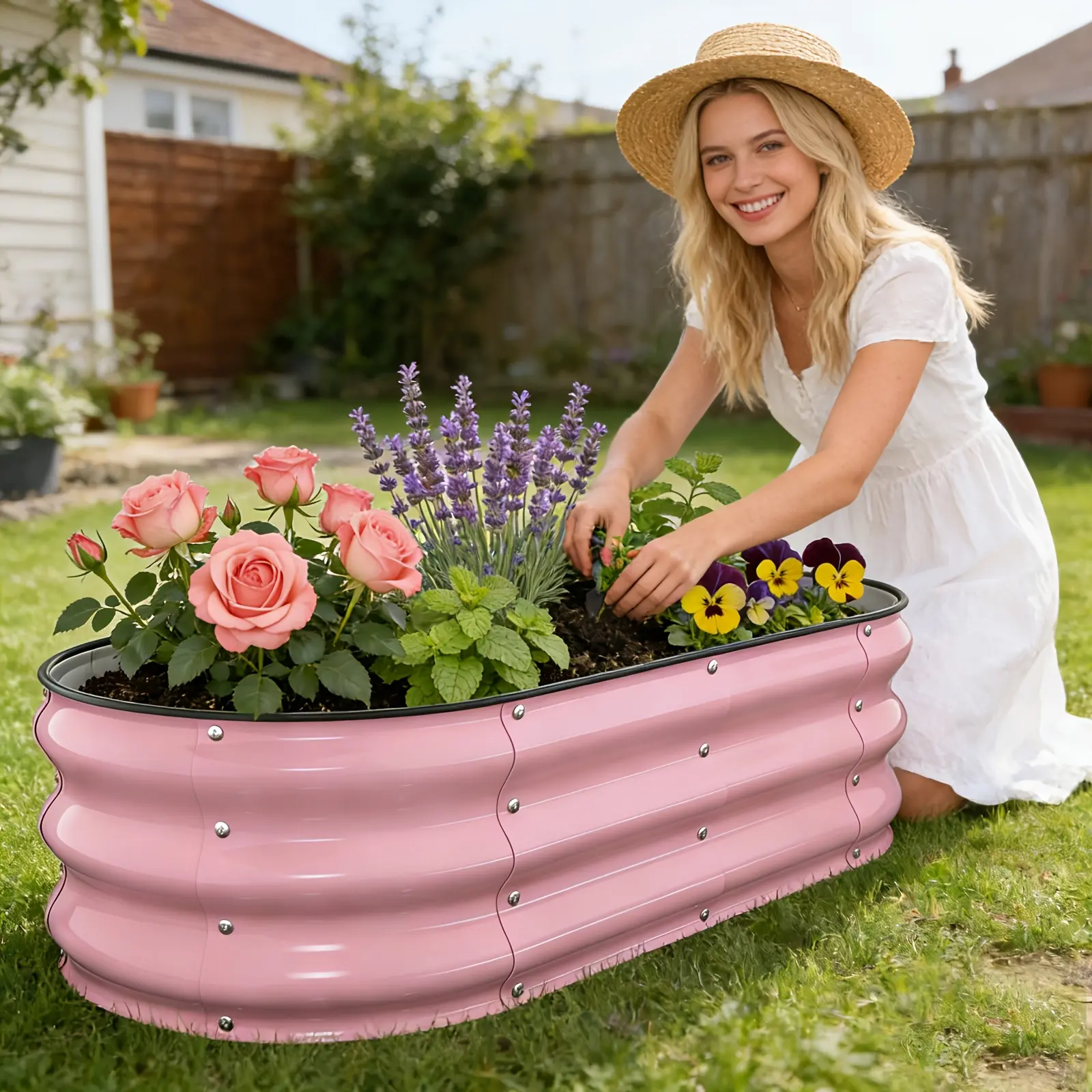Blush Pink Galvanized Steel Raised Garden Bed - 4x2x1ft, Oval Open Bottom, 12in Deep, Outdoor Vegetable & Herb Gardening Supply
