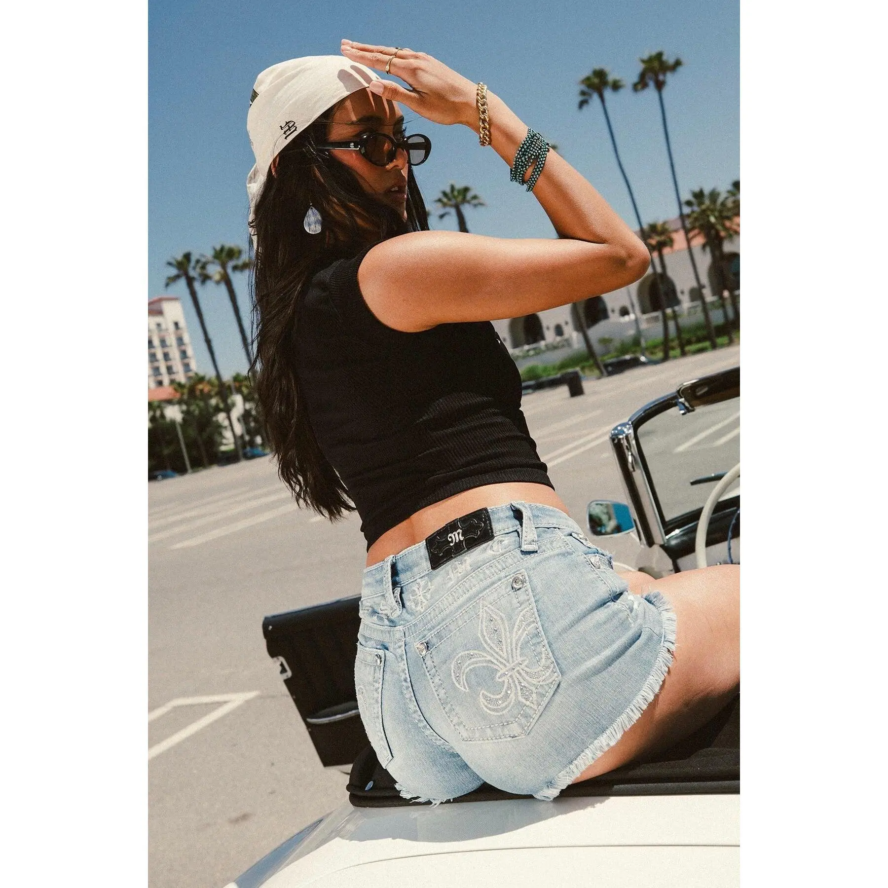 MissMe Can't Miss Me Shorts - Above the Knee Denim with Embroidered Fleur-de-lis & Rhinestone Accents - Gothic Style - Summer Wear