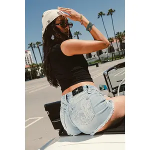 MissMe Can't Miss Me Shorts - Above the Knee Denim with Embroidered Fleur-de-lis & Rhinestone Accents - Gothic Style - Summer Wear