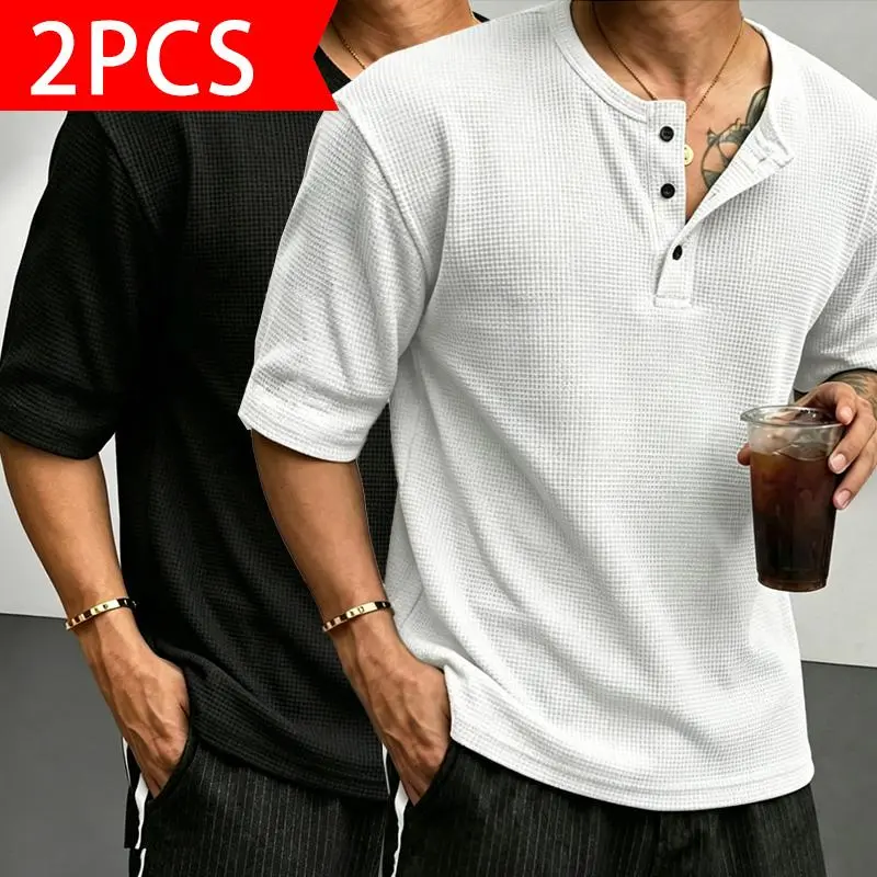 2-Pack Men’s Waffle Henley Collar Short Sleeve Tees, Summer Vibe Loose Fit Breathable Solid Color T-Shirts, Minimalist Casual Basic Shirts, Soft Daily Commute Outdoor Loungewear Tops, Gifts for Him, Multi Scenario Versatile Trendy Base Layer