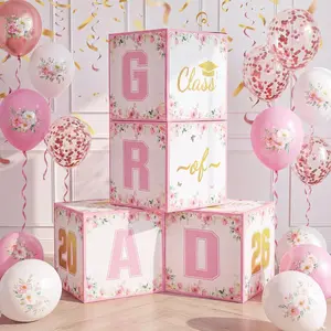 4 Pcs Pink Gold Floral Graduation Party Decorations Class of 2026 Stackable Wildflower Congrats Grad Boxes for Pink Grad Theme Photo Prop Party Supplies