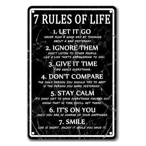 7-Rule Life Prompt Aluminium Metal Tin Sign - Easy-Clean Decorative Plaque, Home Decor Accessories, Pre-Drilled Hang Kit, Artistic Motivational Wall Art for Office