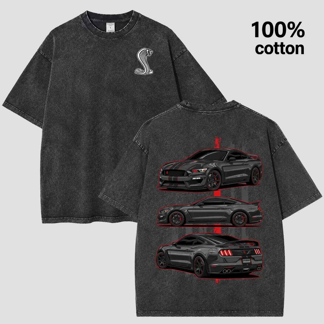 Vintage Washed Gray Mustang Cobra Graphic Tee - Retro American Muscle Car T-Shirt