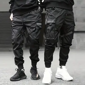 Men's Techwear Cargo Joggers, Multi-Pocket Strap Detail Streetwear Pants，Elastic Waist Multi-Pocket Cargo Pants, Tactical Streetwear Joggers，Urban Streetwear, Hip Hop Style, Tactical Fashion