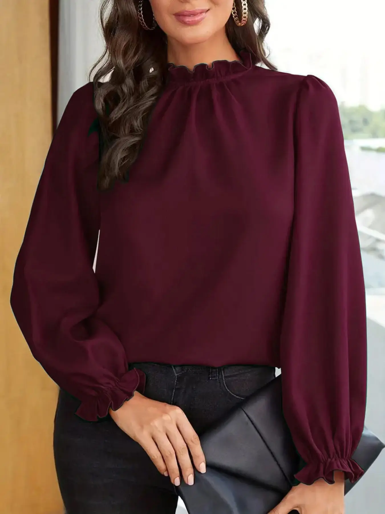 Women's High Neck Long Sleeve Fitted Shirt, Elegant Bubble Sleeves Ruched Top, Stylish Casual Classy Elegant Women's Blouse for Casual Wear Womenswear Lady