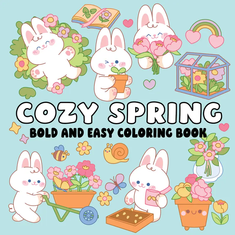 Kawaii Ring-Bound Adult Coloring Book - Regular Ed., Bunnies Spring Theme, Bold Lines Paper Pages, Artist & Beginner-Friendly, Unisex Office Art Supply, Relaxing, Simplicity and Fun, Boosts Creativity, Coloring Therapy