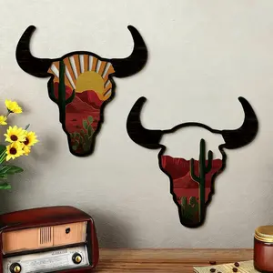 Decor 2PC Western Cow Skull Wall Art Set, Iron and Wood Hollow Cow Skull Wall Decor with Cactus and Sunset for Indoor Living Room Bathroom Bedroom Kitchen Dining Room