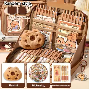 Cute Capybara Pencil Case Set 56pcs, Includes Capybara, Stickers & Gel Pens, Large Capacity Canvas Pouch, Zipper Stationery Set for School