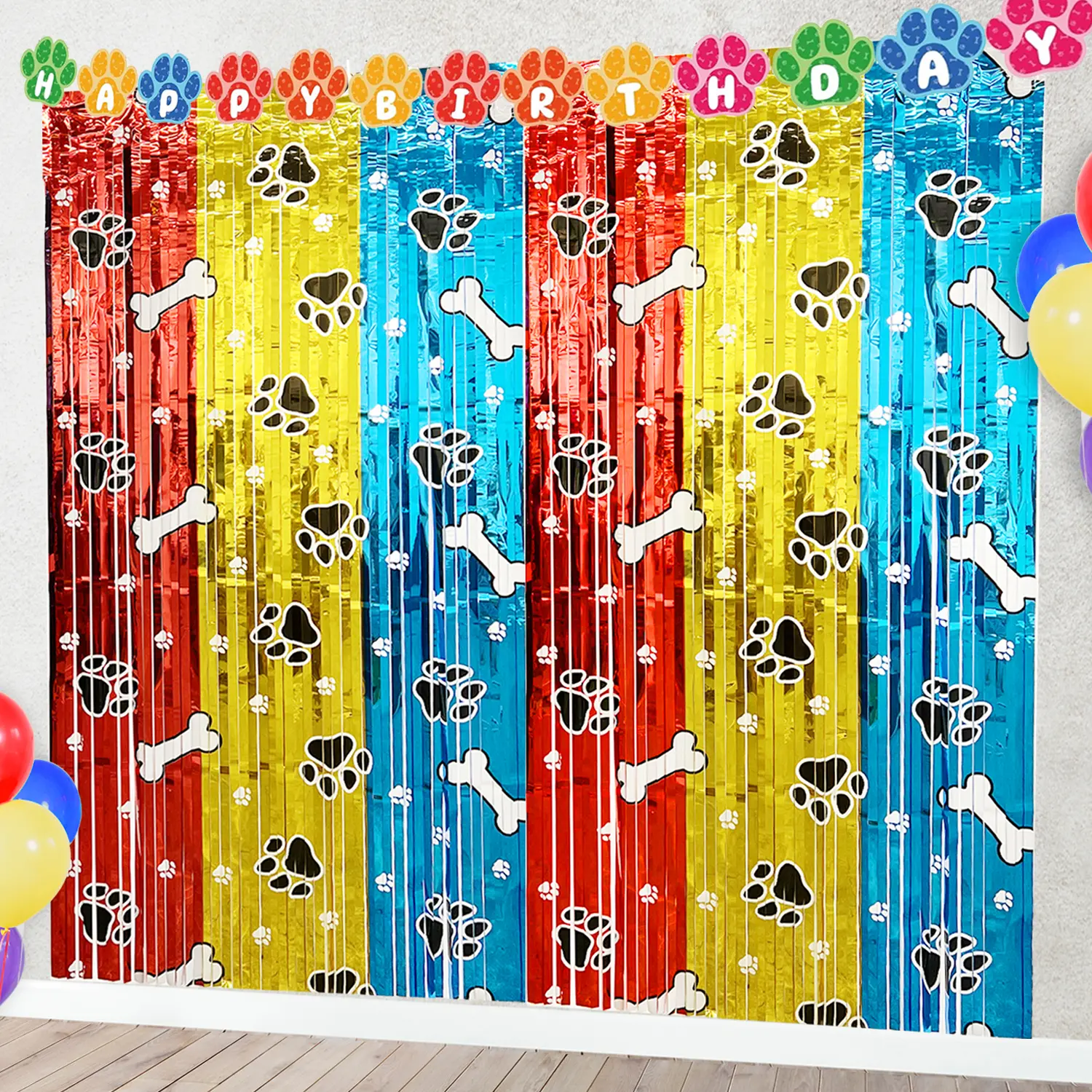 2 Pack Paw Foil Fringe Curtains Backdrop - 3.28x6.56 Ft, Red Gold Blue, Dog Birthday Party Decor, Photo Booth Props, Lets Pawty Supplies