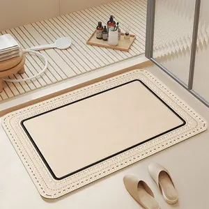 Neutral Beige Faux Leather Stitched Border Print Diatomaceous Earth Bath Mat, 16*24 Inch |   Ultra Fast Absorbent Quick Dry Non Slip Anti-Mold Soft Diatomite Shower Floor Mat Easy Clean Stylish Boho Minimalist Bathroom Decor for Home & Apartment