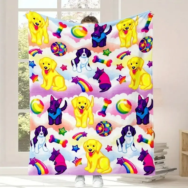 Vintage Lisa Frank Rainbow Puppy Flannel Blanket90s Y2K Nostalgia Cloud Gradient Kawaii Kidcore Throw, Perfect for Teen Dorm & Kids Bedroom Decor, Christmas Gift