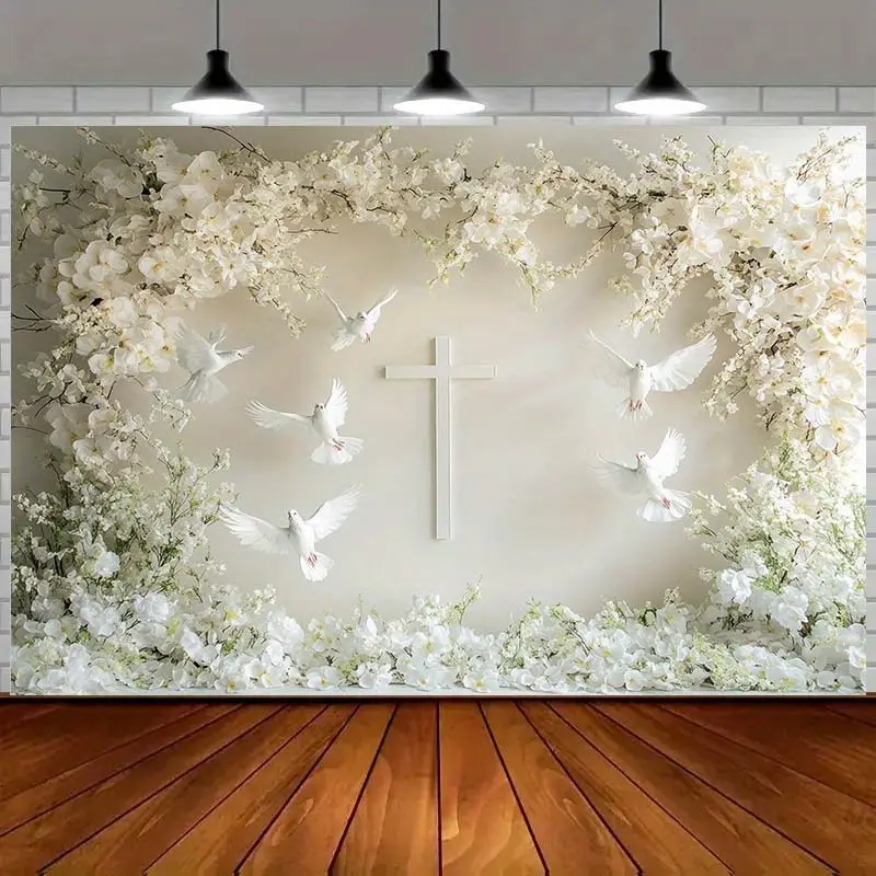 White Floral Cross Doves Backdrop Communion Religious Elegant Tapestry Wall Hanging Photography Background Wedding First Communion Party Celebration Decor Polyester Fiber