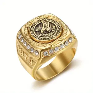 1pc Titanium Steel Vacuum Golden Plated Ring, Men's Cool Eagle Pattern Ring