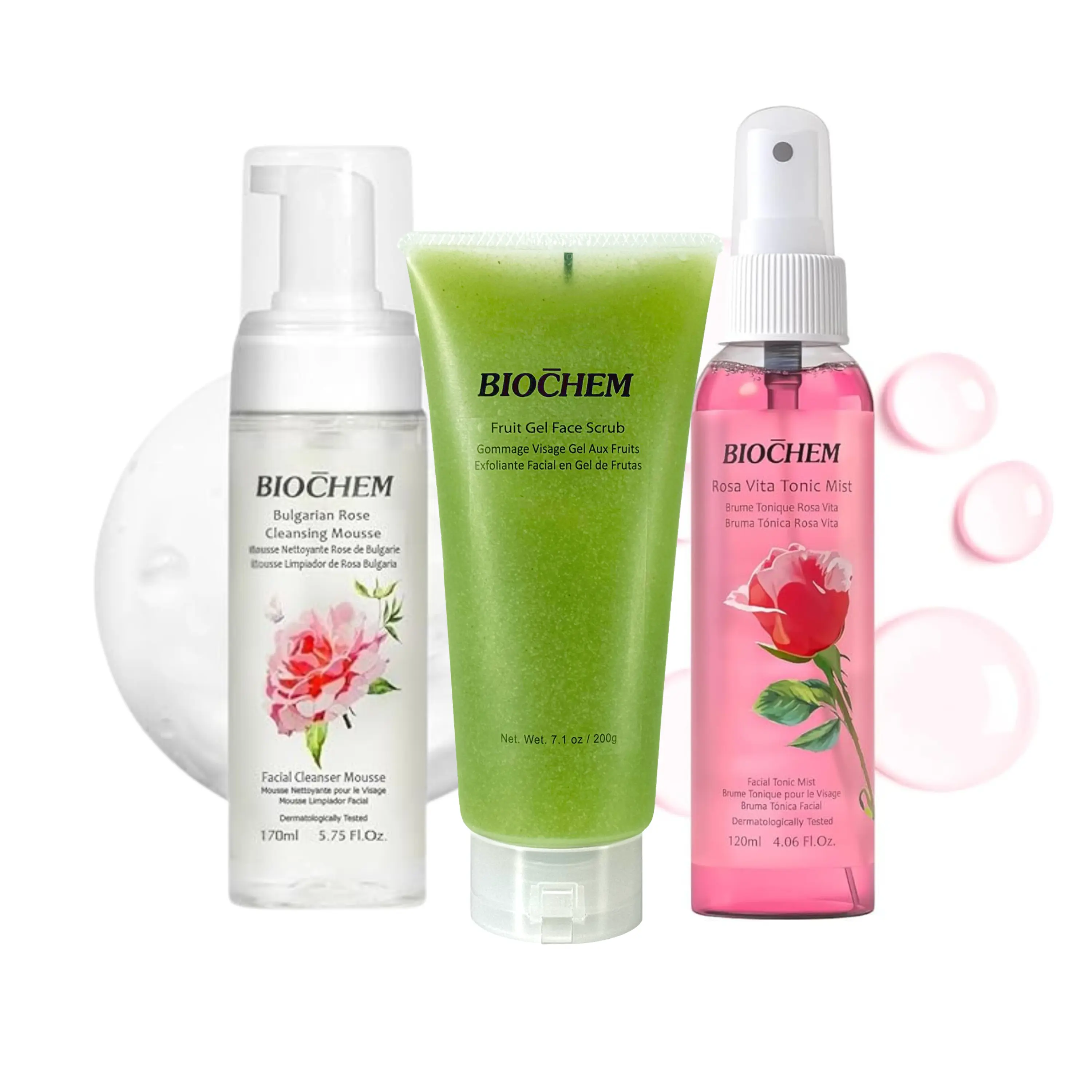 Biochem 3-Step Clean Skin Starter Kit for Sensitive Skin - Gentle Rose Foam Cleanser, Kiwi Exfoliating Face Scrub, Hyaluronic Acid Soothing Facial Mist, Vegan, Vitamin C, Silky Mousse