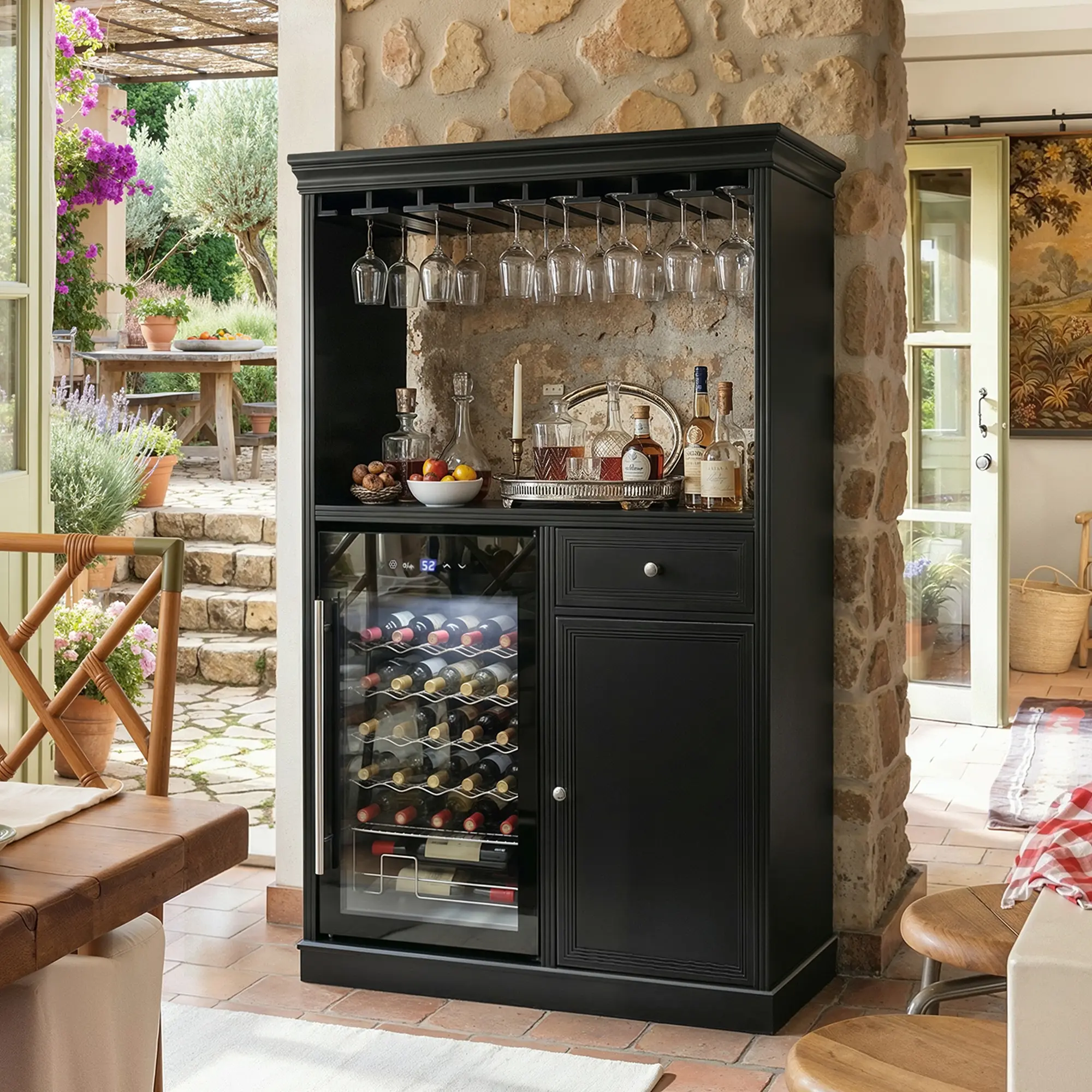 FUFU&GAGA  Black Bar Cabinet with Drawer & Doors, 64.2" Tall Home Liquor Cabinet with Wine Glass Rack & Mini Fridge Space, Freestanding Sideboard for Dining Room
