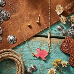 Luxury Texas Map Druzy Necklace Set High End Western Jewelry 16" Pendant & Stud Earrings Hypoallergenic Craftsmanship