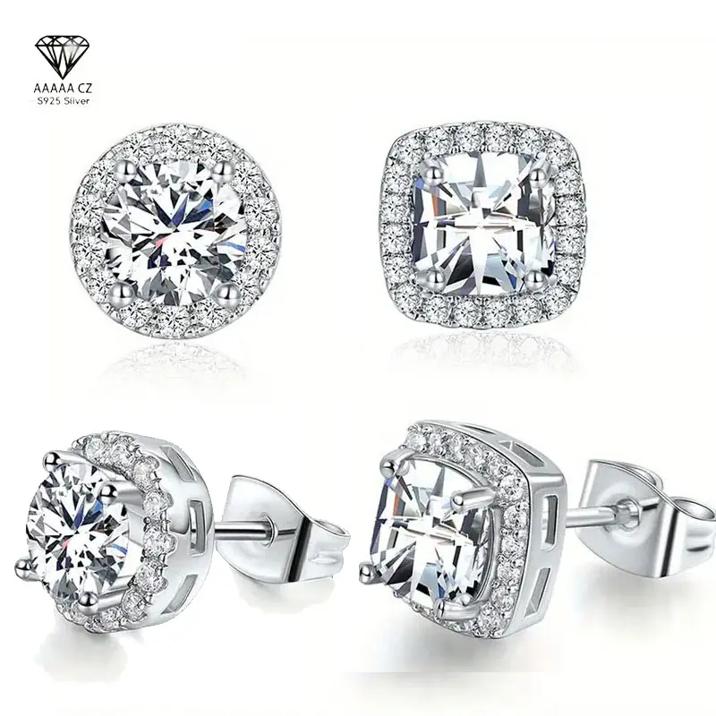 S925 Sterling Silver Gold-Plated Halo Moissanite Stud Earrings, Round Square Lab-Created Moissanite Earring Set, Unisex Wedding Jewelry, Ideal Birthday Mother’s Day Christmas Gift for Men Women