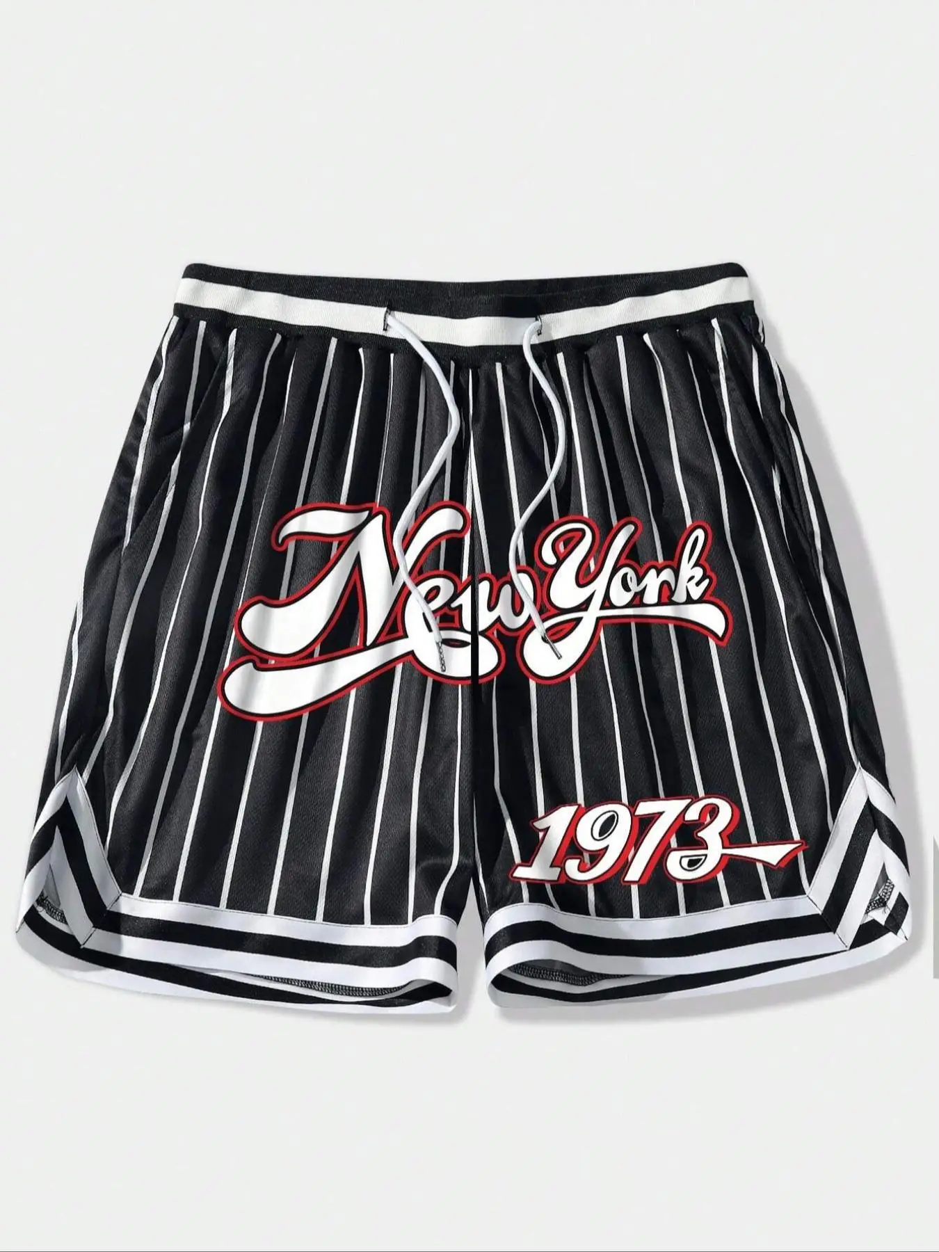 Men's Loose Striped Print Contrast Binding Drawstring Waist Shorts, New York City Famous Print Vertical Stripe Patchwork Shorts, Basketball Shorts, Su