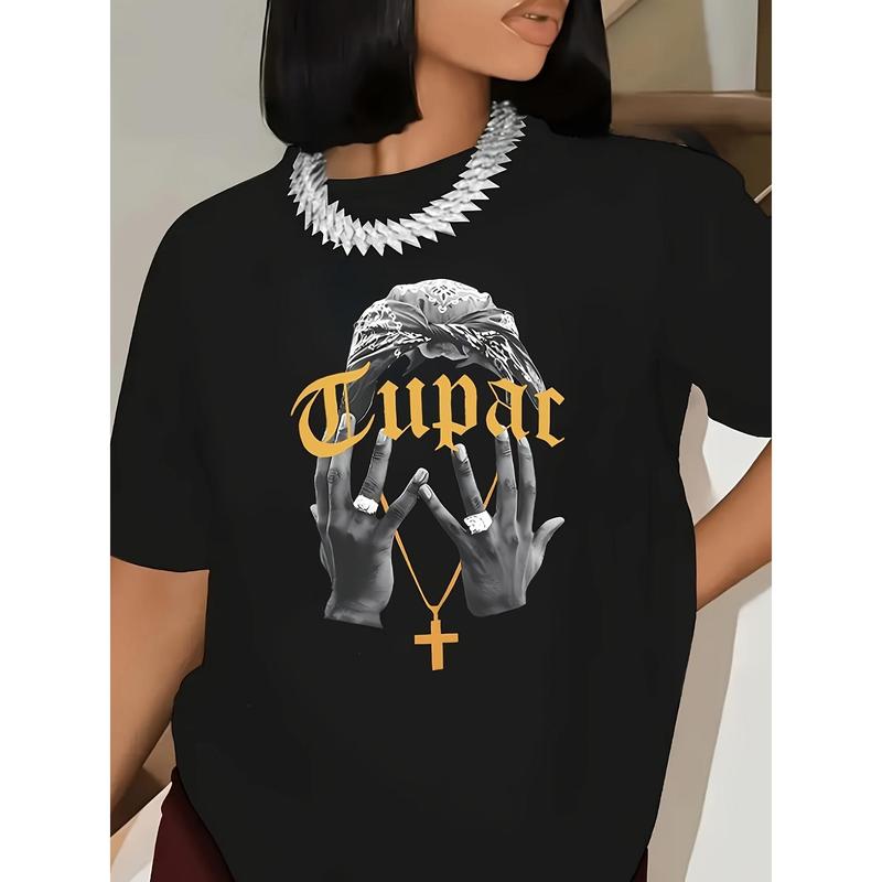 Casual Crew Neck T-Shirt with Tupac Graphic, 100% Polyester, Regular Fit, All-Season Women'S Tee with Print Design
