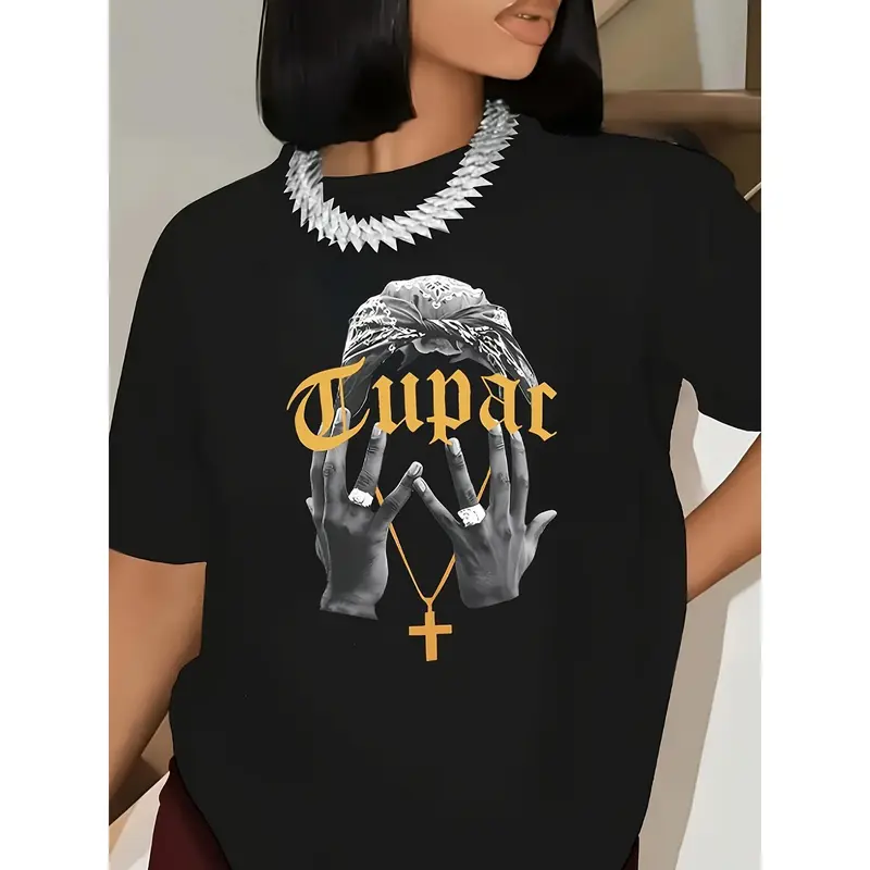 Casual Crew Neck T-Shirt with Tupac Graphic, 100% Polyester, Regular Fit, All-Season Women'S Tee with Print Design