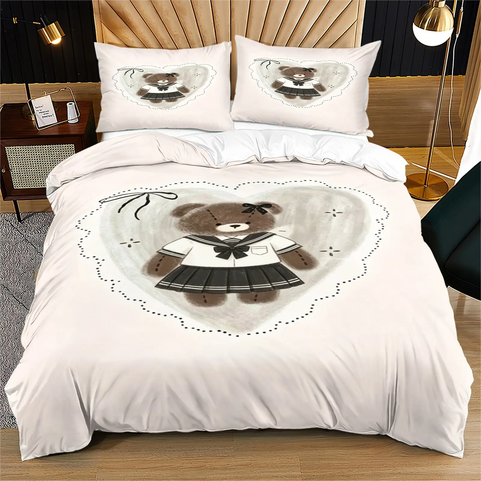 Pink teddy bear pattern soft and durable bedding duvet cover set, including 1 duvet cover and 1 or 2 pillowcases, without a core or pillow, suitable for children or adults as gifts, modern style fashionable bedroom bed decoration