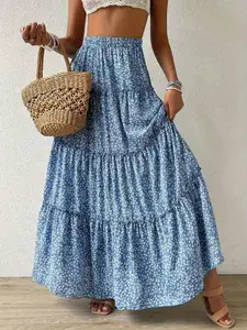 Boho Blue Floral Patterned Tiered Maxi Cotton Skirt Womenswear Basic