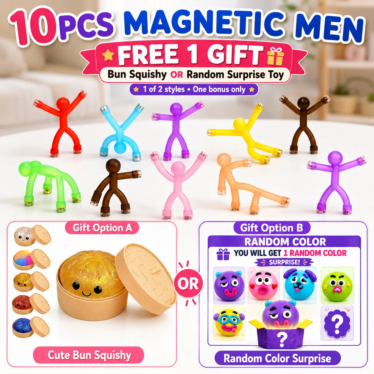 10PCS Magnetic Fidget Toys Set with Dumpling Squishy & Pink Dog Face Squishy, Bendable Magnetic Figures and Sensory Fidget Toys for Kids Fidget Gift Set Stress Relief Set
