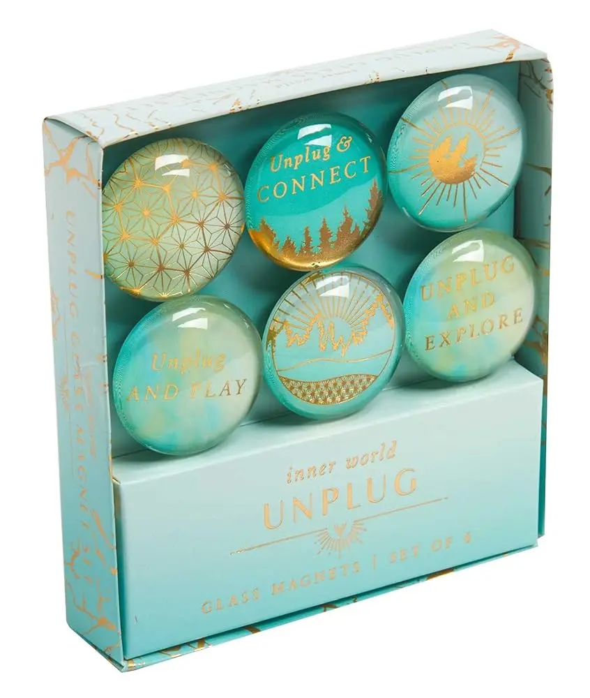 Round Inner World Themed Decorative Metal Magnetic Glass Magnet Set (Set of 6) - Unplug & Connect Room Decor Accent for Literature Enthusiasts to Remind Work-Home Balance
