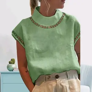 Vintage Linen Blouse Round Neck Tops Women's  Shirts Oversized