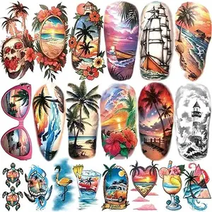 77 Sheets Temporary Tattoo, Sunset Sunglasses Beach Flower Palm Tree Hawaiian Themed Waterproof Fake Tattoos, Holiday Temporary Tattoos for Men Women Kids Party and Goody Bag Stuffers