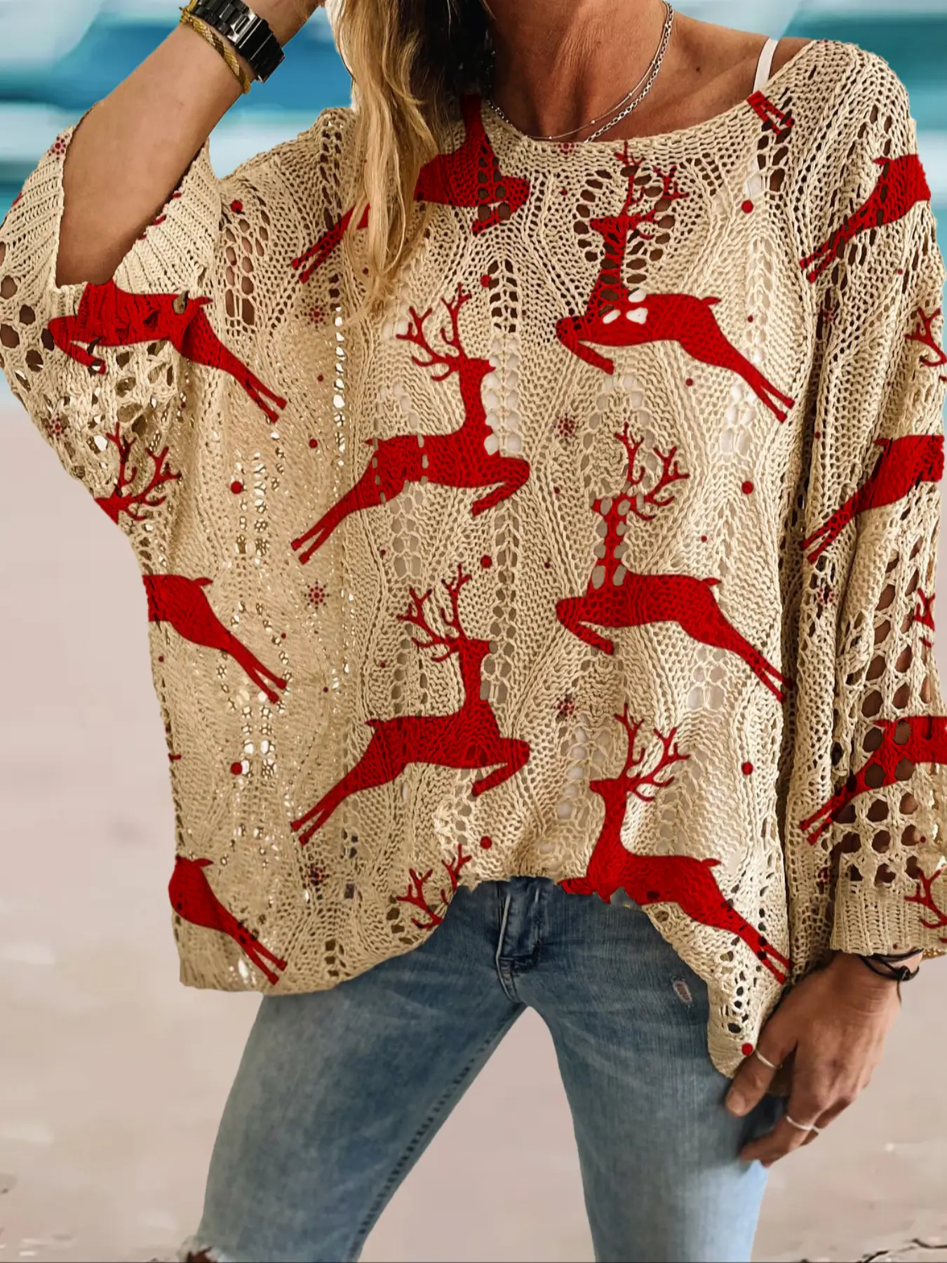 Women's Christmas Deer Print Long Sleeve Knit Top, Casual Elegant Holiday Style Sweater, Loose Batwing Shoulders, Fall & Winter Fashion