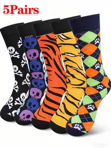 Men's Halloween Street Style Socks 5 Pairs Set, Skull and Tiger Print, Calf High, Casual Plaid Pattern, All Seasons Crew Socks