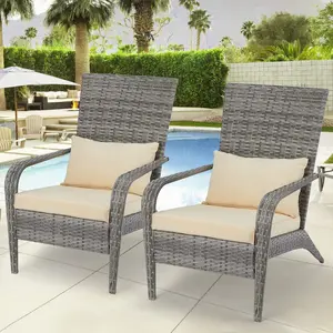YODOLLA  Patio Adirondack Wicker Chair,PE Rattan Wicker Patio Dining Chair, Grey Wicker Beige Cushion and Pillow for Garden, Backyard, Porch