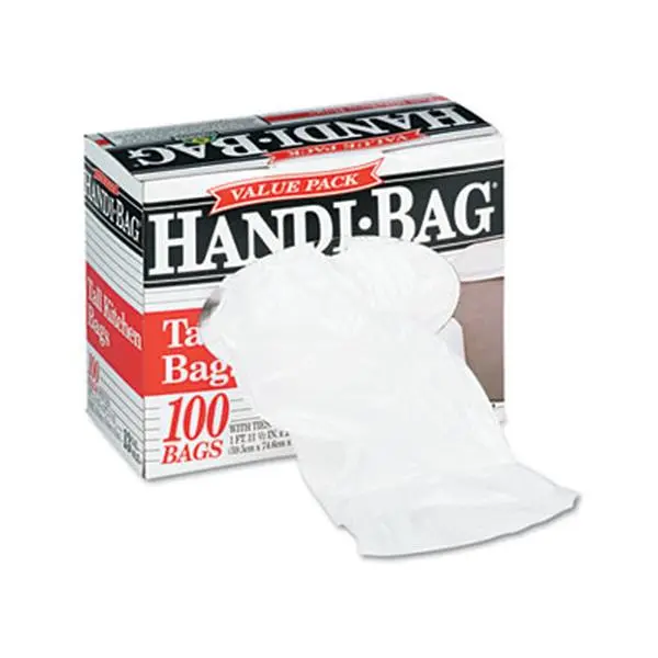 212 MAIN Handi-Bag HAB 6FK100 Trash Bags, 13 gal, .6 mil film, 23.5 x 29.38 in, White, 100-Count Box