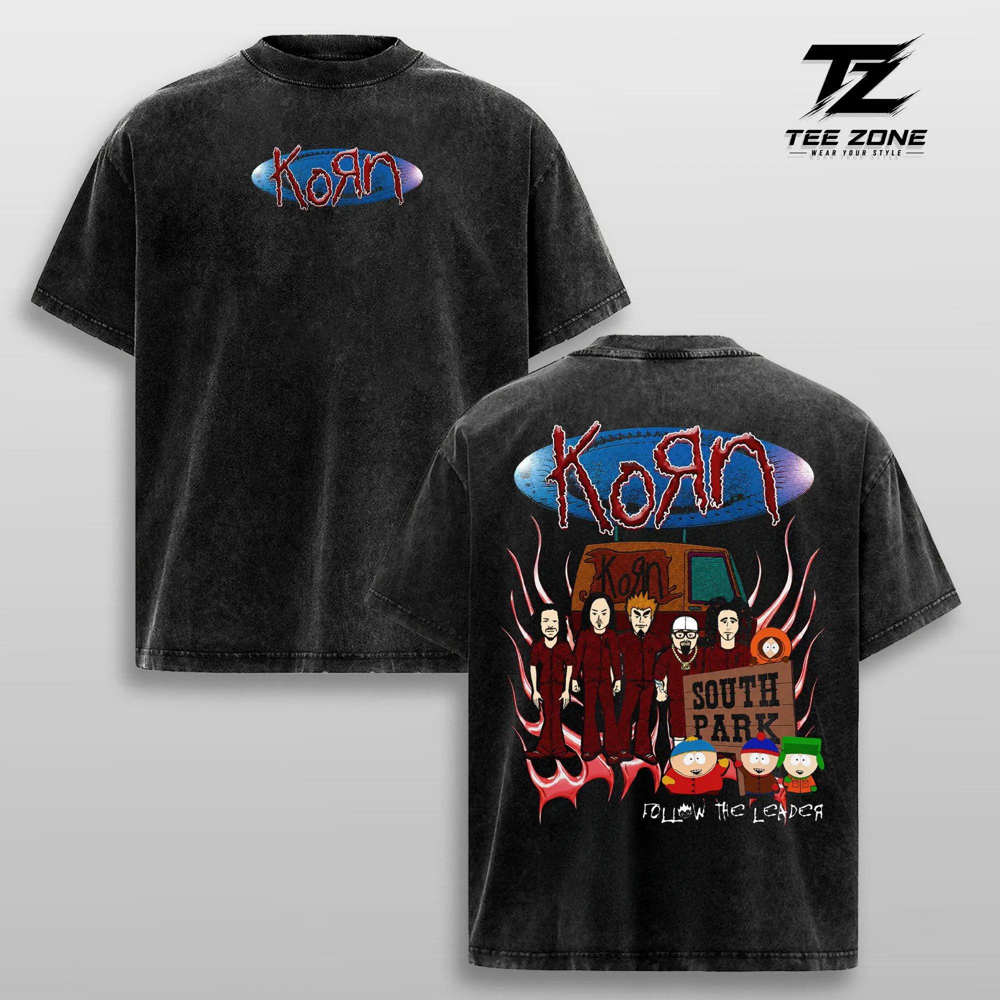 Korn x South Park Follow The Leader Acid Wash Oversized Heavyweight Cotton Graphic Tee Vintage Nu Metal Concert Merch Double Sided Streetwear