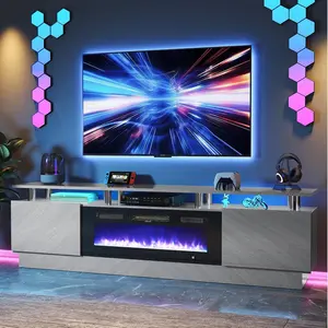 Aoxun Modern 80" Electric Fireplace TV Stand with Storage Cabinets LED Lights Hinged Doors for TVs up to 90" Gray Entertainment Center