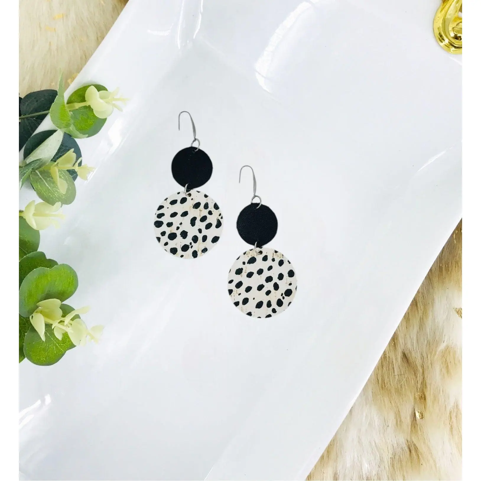 Black Leather and Mini Black Cheetah Cork Leather Earrings - E19-1793