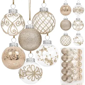 30 Pcs 60mm 2.36 Inch Large Shatterproof Clear Plastic Christmas Ornaments Farmhouse Rustic Champagne Tree Decorations Set 6 Styles Hanging Xmas Balls for Party Home Decor Gift