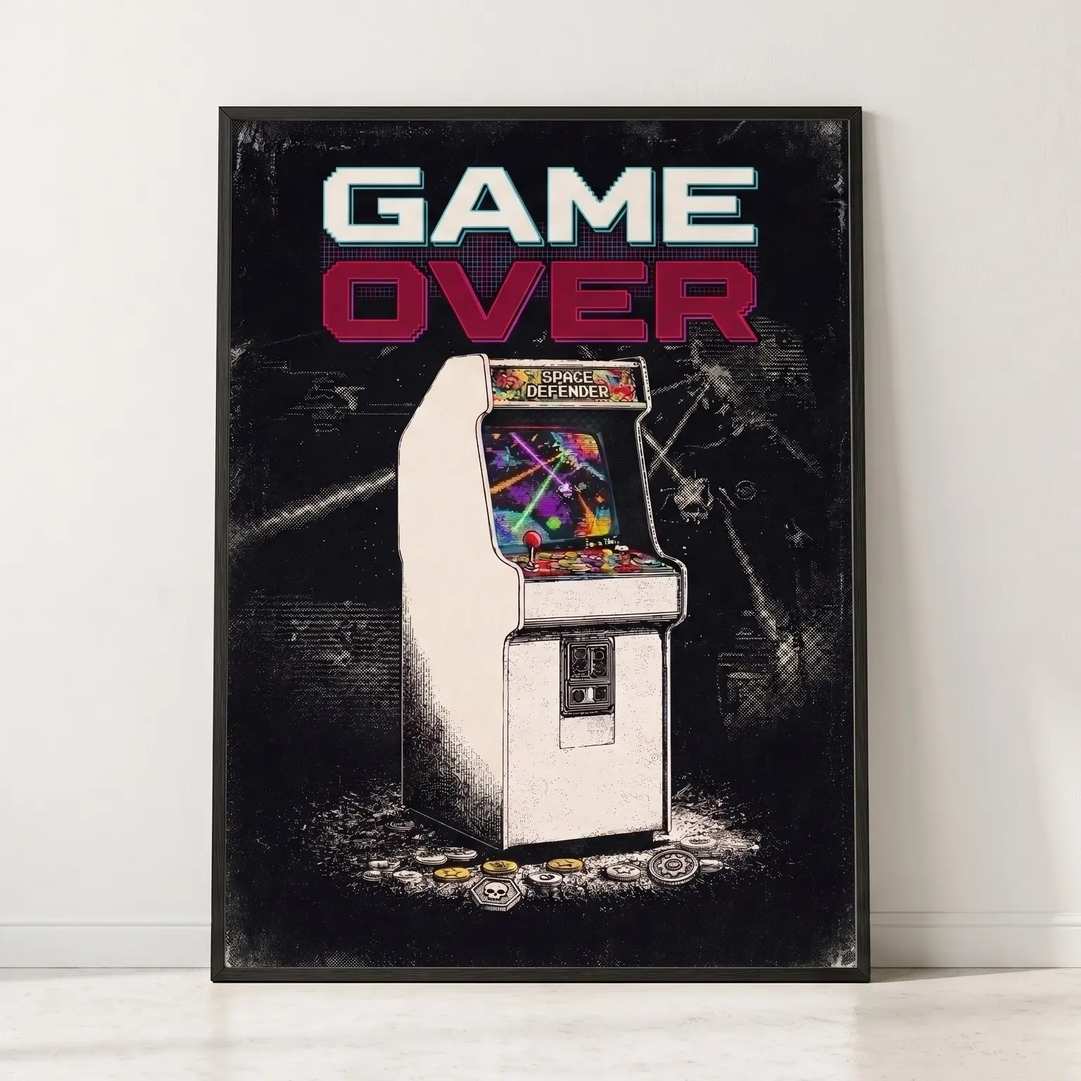 Retro Arcade Game Over Wall Art Print, Vintage Space Defender Cabinet Poster, Classic Video Game Room Decor for Bedroom, Man Cave, Entertainment Room, Unframed