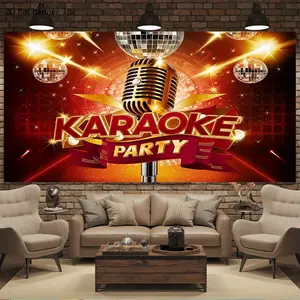 A background banner for a karaoke party - A vibrant polyester fiber wall decoration featuring the words "Karaoke Party", disco balls and star patterns, wwx