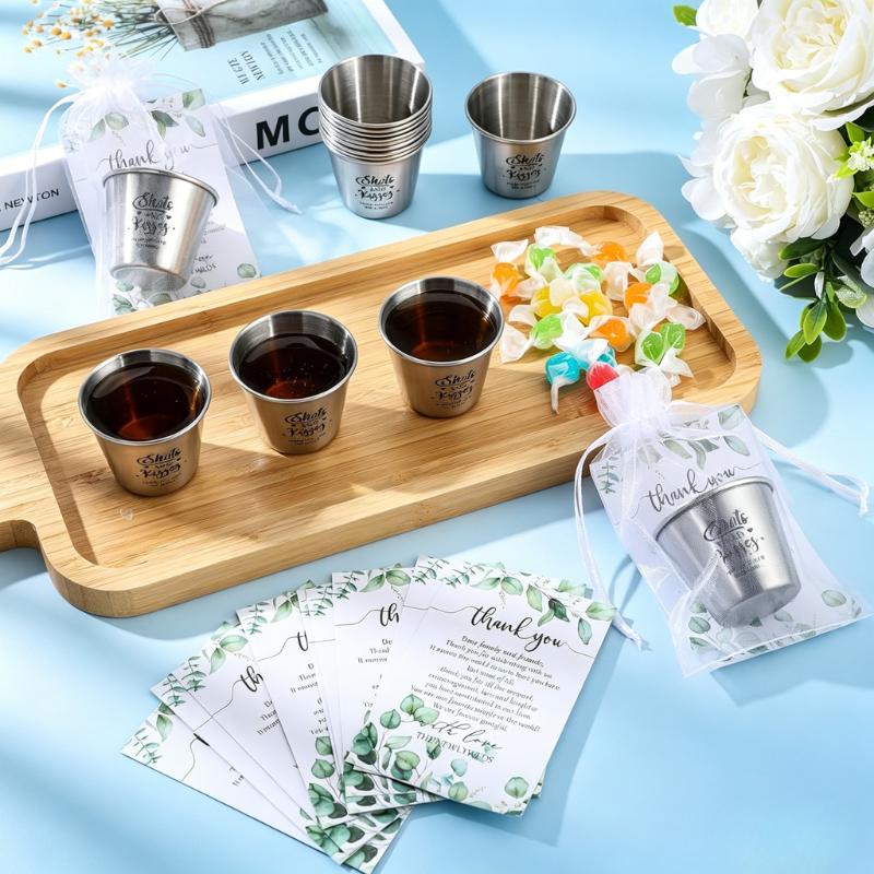 Uiifan 12Set Wedding Favors for Guests, 1.5 oz Stainless Steel Shot Glasses with Thank You Cards & Gift Bags, Shots and Kisses Souvenirs for Wedding Bridal Shower Party