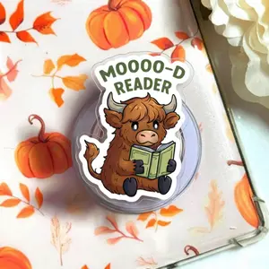 Cute Animal Bookish Phone Grip Bundle Mooood Reader Cow, Slow Readers Society Sloth, Frog & Mushroom, Nerdy Cat MagSafe Holder for Book Lovers
